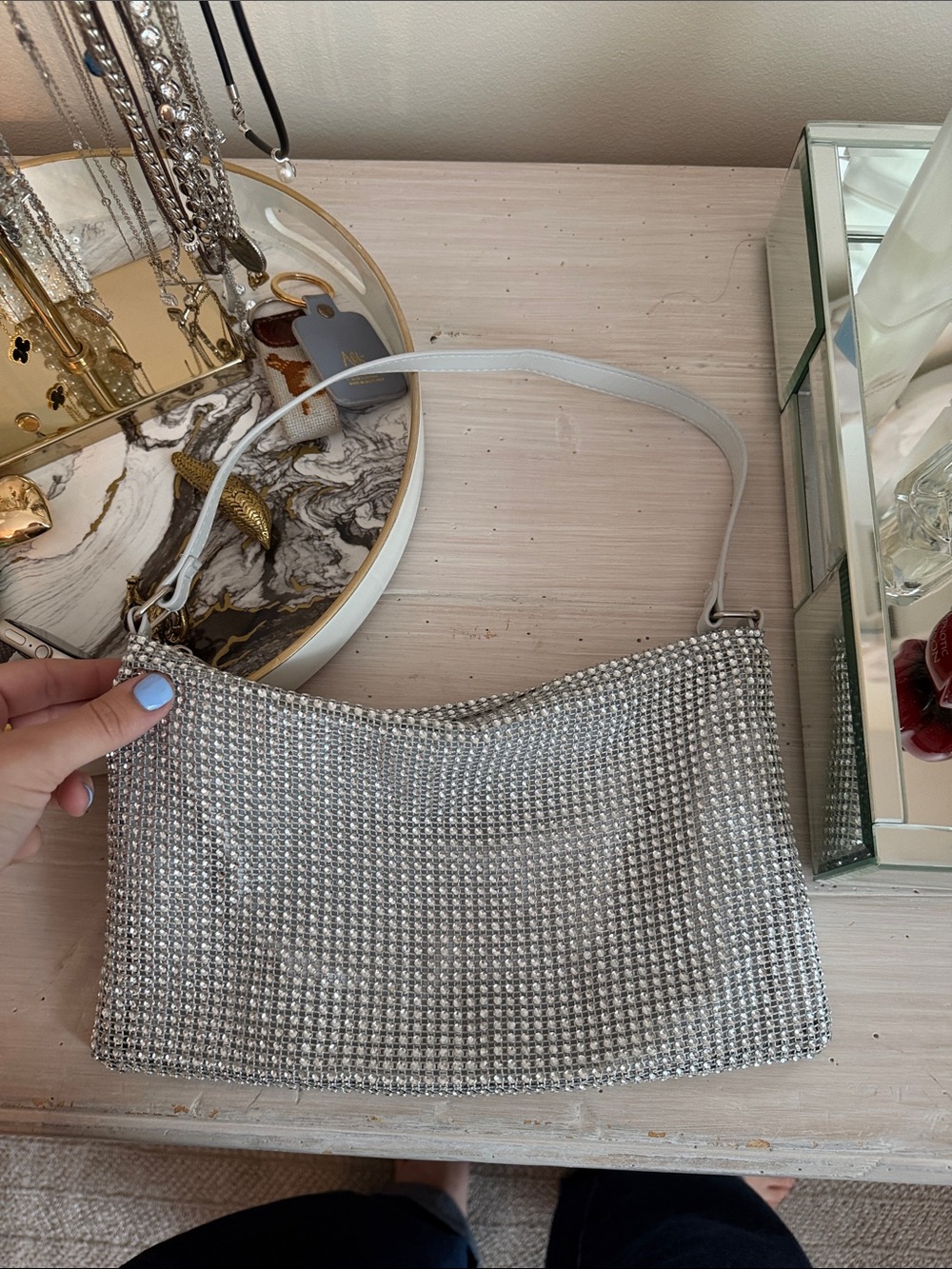 wild fable Silver Crystal Mesh Shoulder Bag